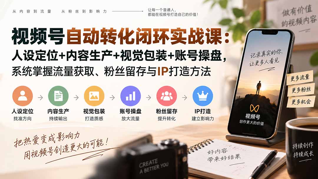 （20327期）视频号自动转化闭环实战课：人设定位+内容生产+视觉包装+账号操盘，系统掌握流量获取、粉丝留存与IP打造方法-我爱项目网