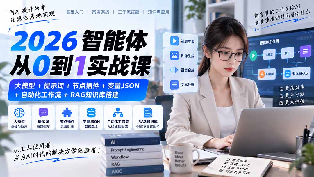 （20546期）2026智能体从0到1实战课｜大模型+提示词+节点插件+变量JSON+自动化工作流+RAG知识库搭建-我爱项目网