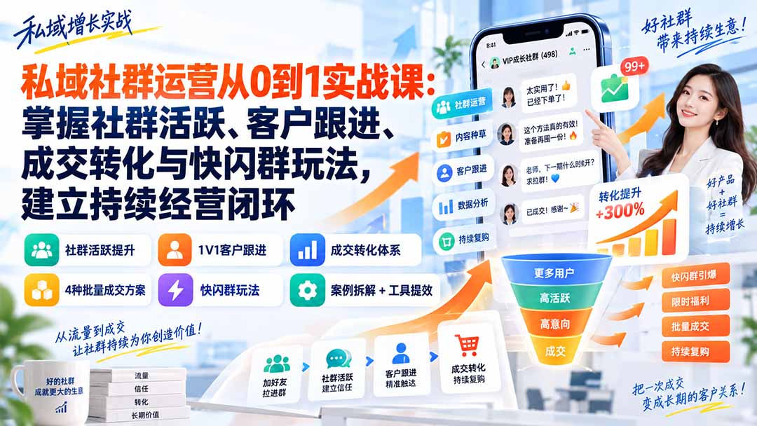 （20428期）私域社群运营从0到1实战课：掌握社群活跃、客户跟进、成交转化与快闪群玩法，建立持续经营闭环-我爱项目网