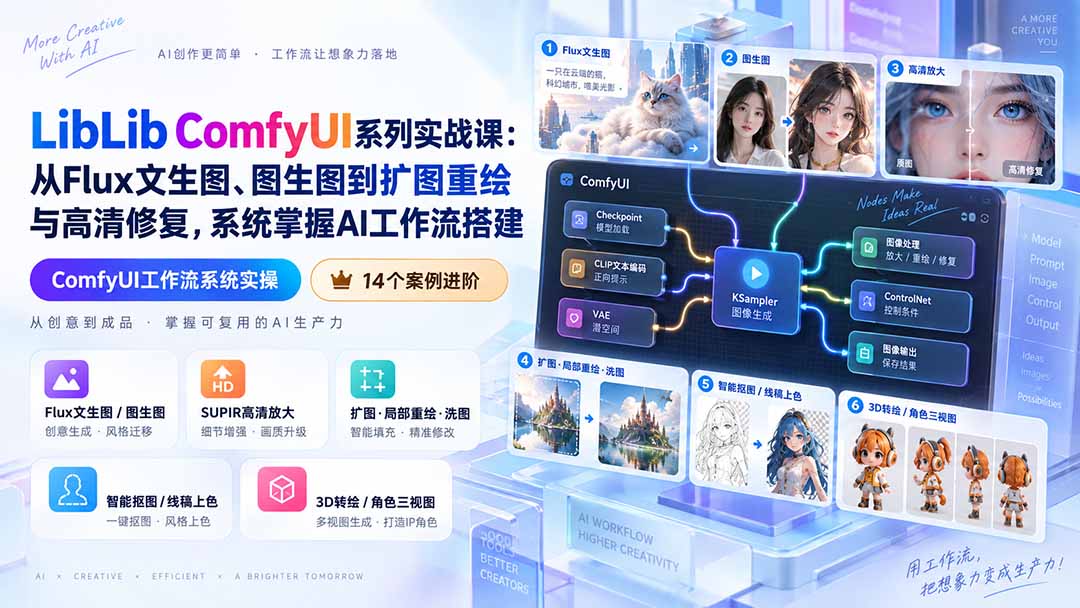 （20368期）LibLib ComfyUI系列实战课：从Flux文生图、图生图到扩图重绘与高清修复，系统掌握AI工作流搭建-我爱项目网