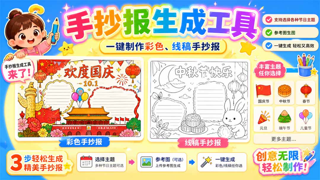 (20265期)手抄报批量生成工具来了,完全免费,告别豆包生图,这个高清无水印-我爱项目网