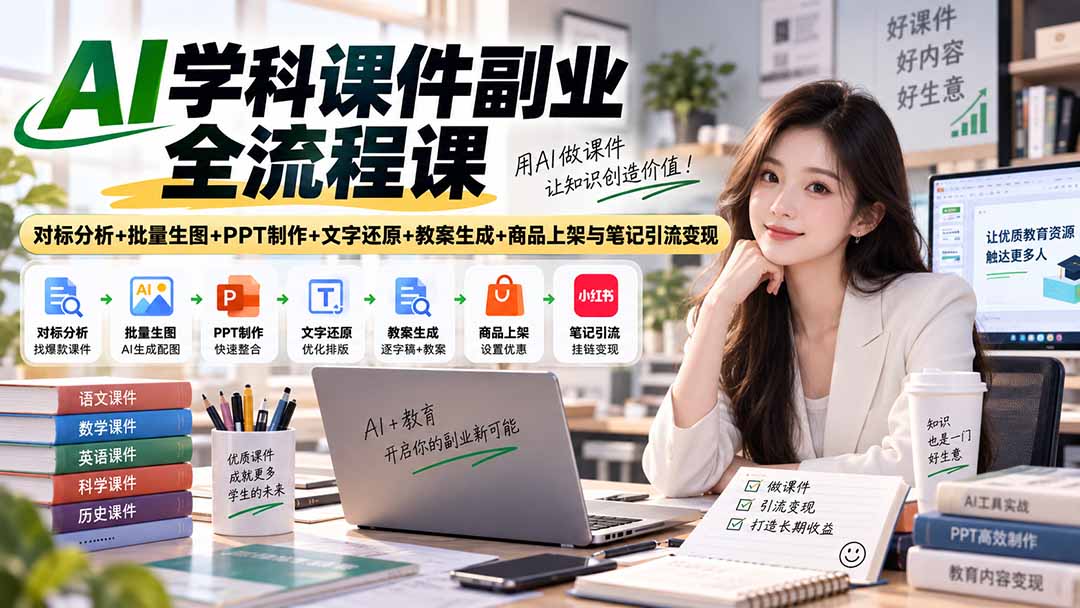 （20469期）AI学科课件副业全流程课｜对标分析+批量生图+PPT制作+文字还原+教案生成+商品上架与笔记引流变现-我爱项目网