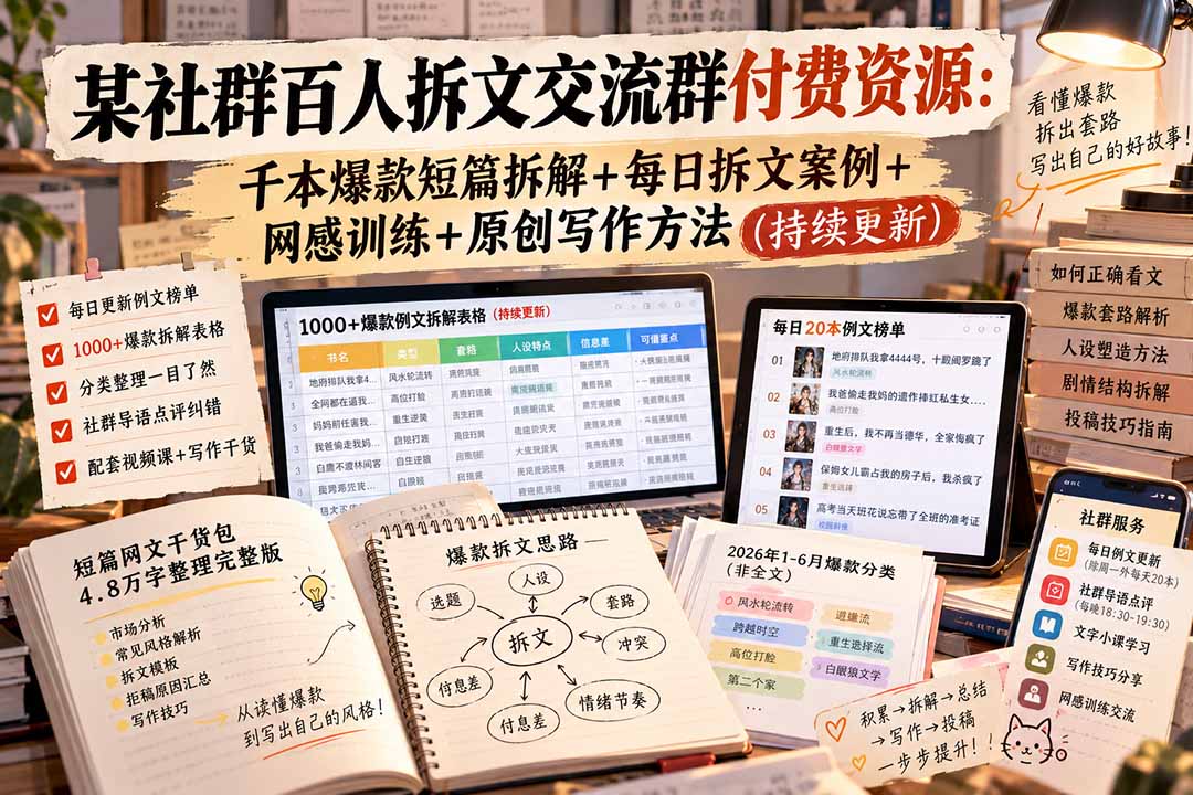 （20635期）某社群百人拆文交流群付费资源：千本爆款短篇拆解+每日拆文案例+网感训练+原创写作方法 (持续更新)-我爱项目网