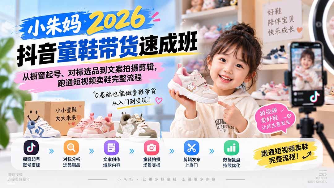 （20267期）小朱妈2026抖音童鞋带货速成班：从橱窗起号、对标选品到文案拍摄剪辑，跑通短视频卖鞋完整流程-我爱项目网