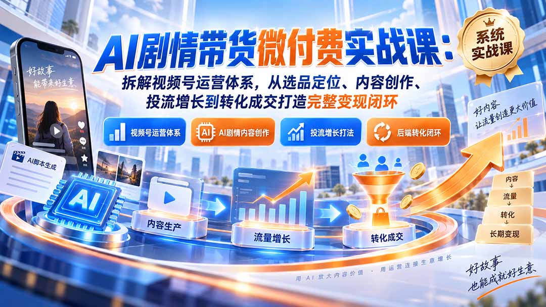 (20611期)AI剧情带货微付费实战课:拆解视频号运营体系,从选品定位、内容创作、投流增长到转化成交打造完整变现闭环-我爱项目网