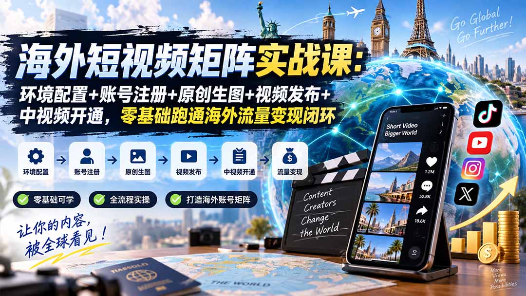 （20470期）海外短视频矩阵实战课：环境配置+账号注册+原创生图+视频发布+中视频开通，零基础跑通海外流量变现闭环-我爱项目网