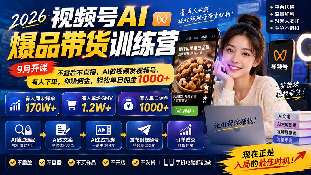 （20537期）2026视频号AI爆品带货训练营-9月开课｜不露脸不直播，AI做视频发视频号，有人下单，你赚佣金，轻松单日佣金1000+-我爱项目网