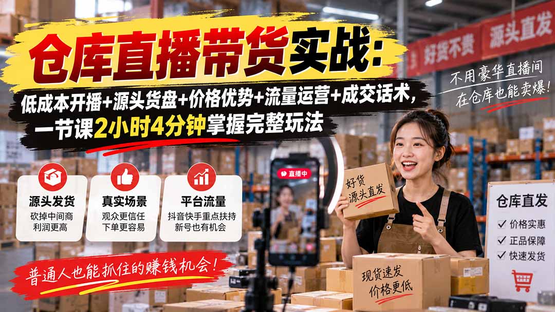 （20471期）仓库直播带货实战：低成本开播+源头货盘+价格优势+流量运营+成交话术，一节课2小时4分钟掌握完整玩法-我爱项目网