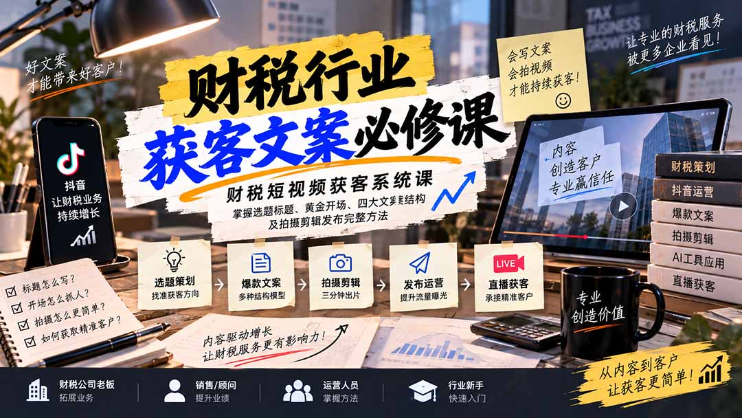 （20591期）财税短视频获客系统课：掌握选题标题、黄金开场、四大文案结构及拍摄剪辑发布完整方法-我爱项目网