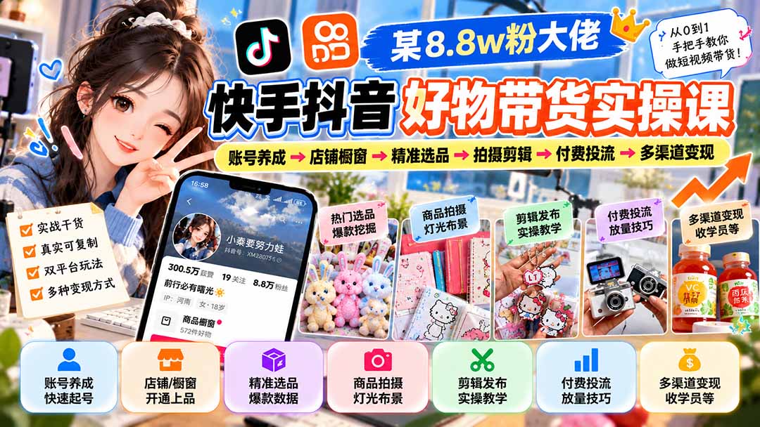 (20733期)某8.8w粉大佬快手抖音好物带货实操课:账号养成→店铺橱窗→精准选品→拍摄剪辑→付费投流→多渠道变现-我爱项目网