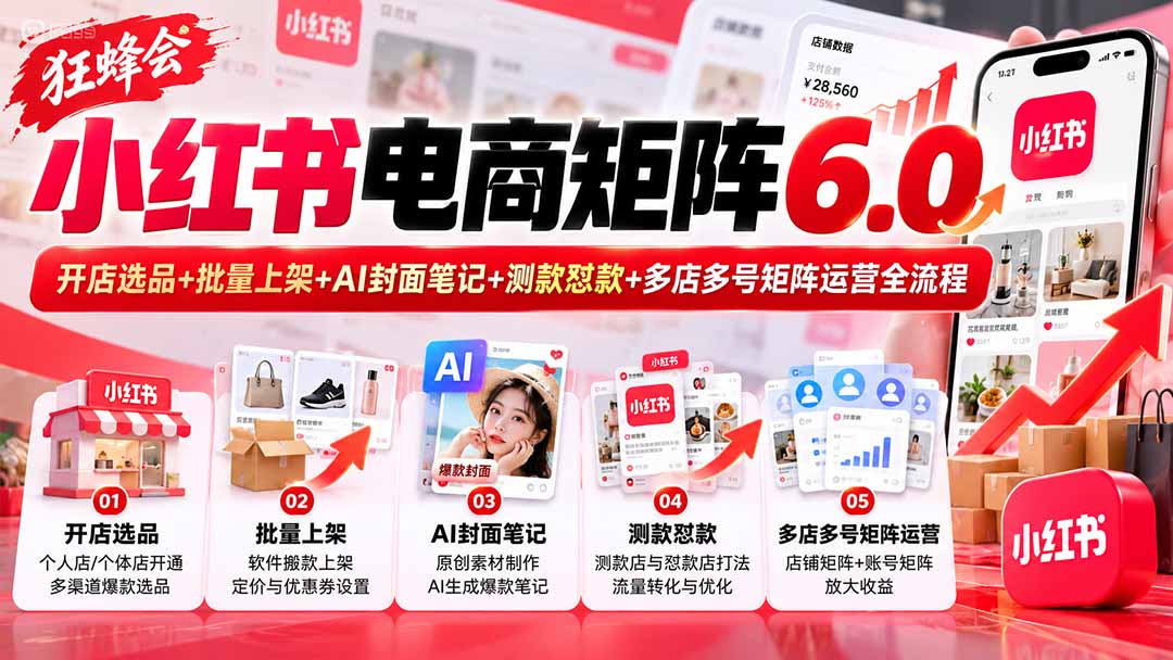 （20732期）【无水印】狂蜂会小红书电商矩阵6.0：开店选品+批量上架+AI封面笔记+测款怼款+多店多号矩阵运营全流程-我爱项目网