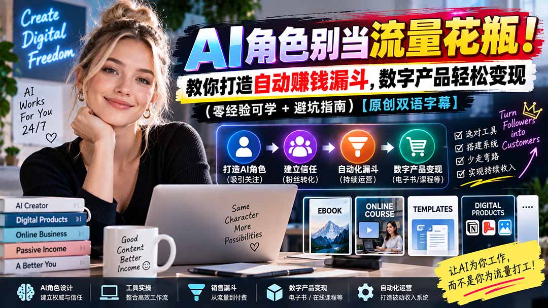 （20475期）AI角色别当流量花瓶！教你打造自动赚钱漏斗，数字产品轻松变现（零经验可学+避坑指南）【原创双语字幕】-我爱项目网