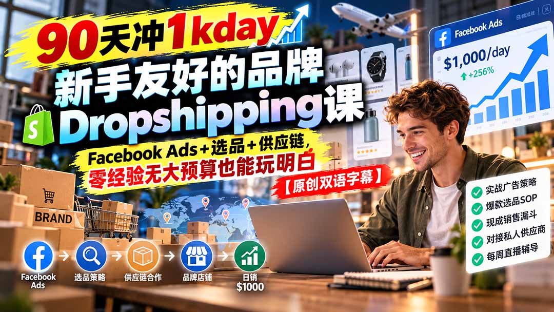 （20738期）90天冲1kday 新手友好的品牌Dropshipping课：Facebook Ads+选品+供应链，零经验无大预算也能玩明白【原创双语字幕】-我爱项目网