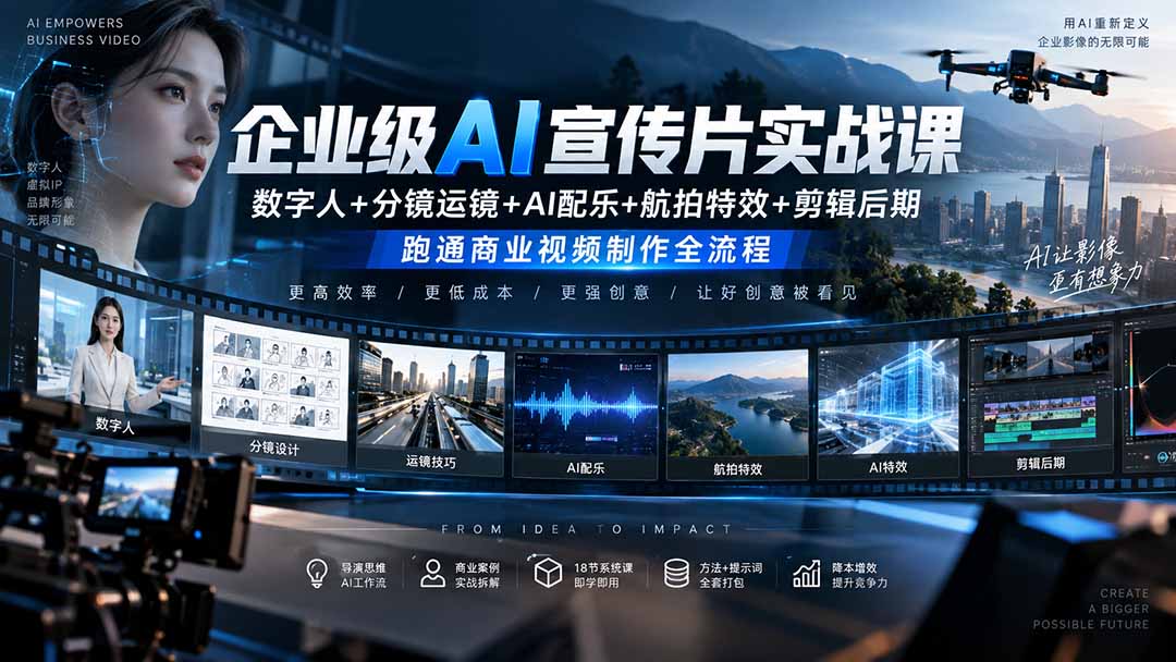 （20548期）企业级AI宣传片实战课｜数字人+分镜运镜+AI配乐+航拍特效+剪辑后期，跑通商业视频制作全流程-我爱项目网