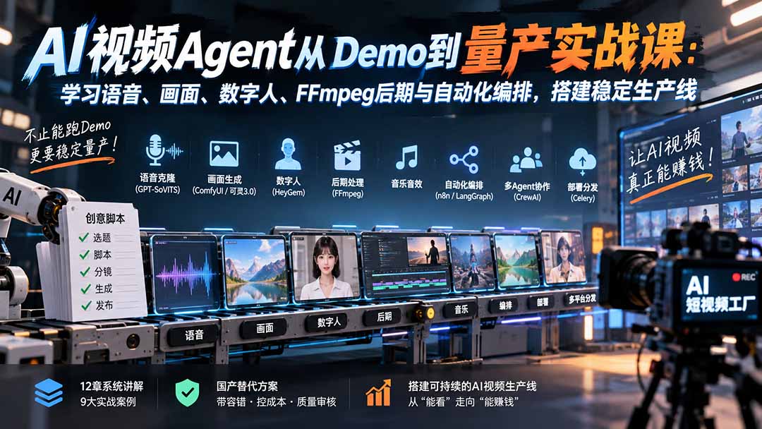 （20451期）AI视频Agent从Demo到量产实战课：学习语音、画面、数字人、FFmpeg后期与自动化编排，搭建稳定生产线-我爱项目网