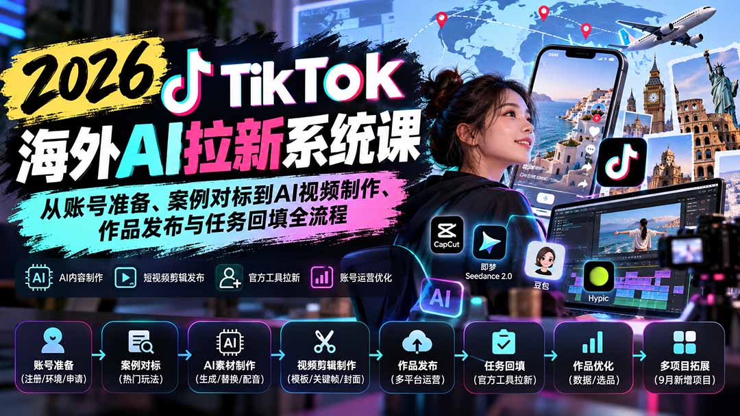 （20675期）【无水印】2026 TikTok海外AI拉新系统课：从账号准备、案例对标到AI视频制作、作品发布与任务回填全流程-我爱项目网