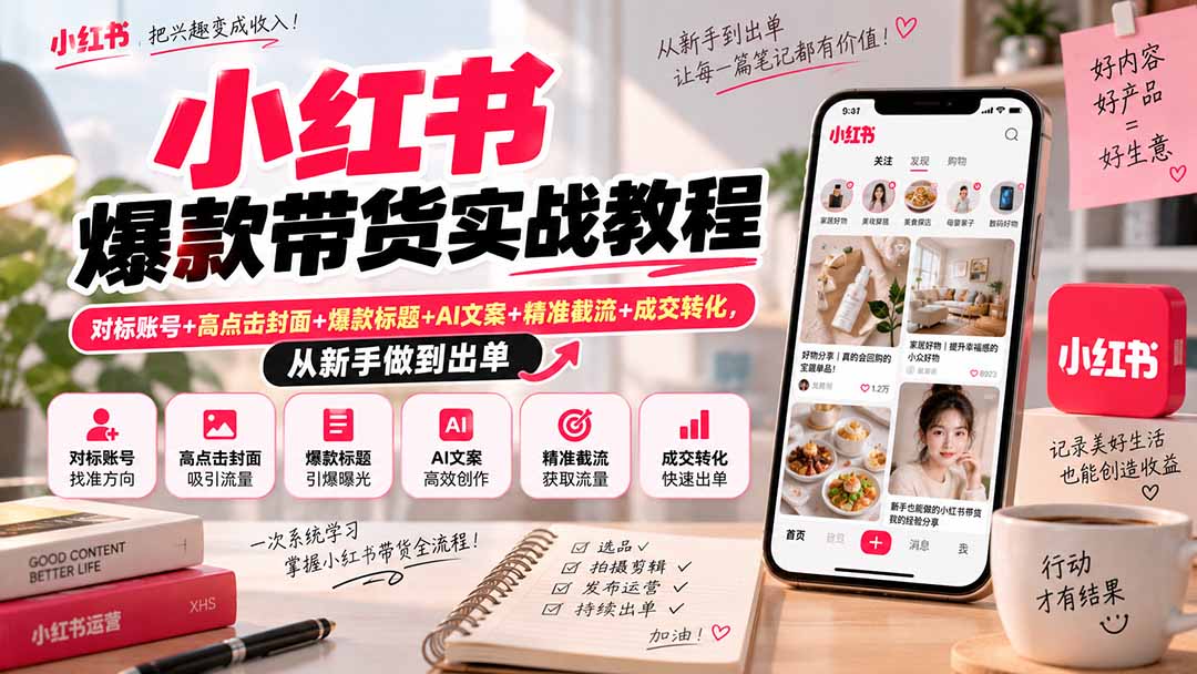 （20473期）小红书爆款带货实战教程｜对标账号+高点击封面+爆款标题+AI文案+精准截流+成交转化，从新手做到出单-我爱项目网