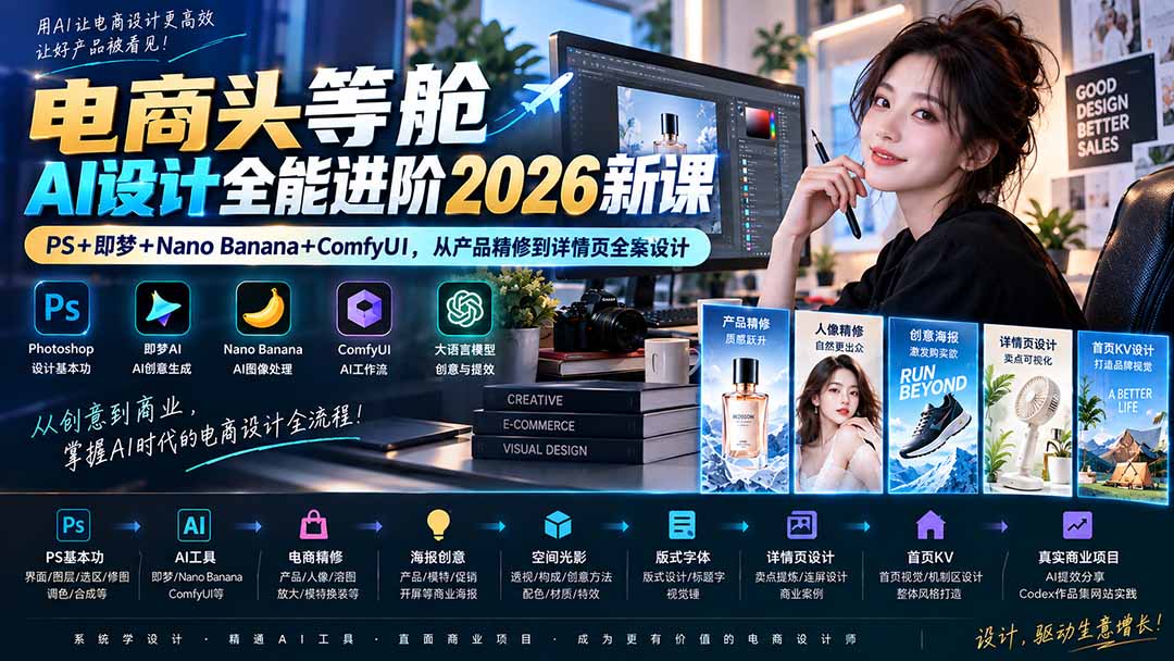 （20284期）电商头等舱AI设计全能进阶2026新课：PS+即梦+Nano Banana+ComfyUI，从产品精修到详情页全案设计-我爱项目网