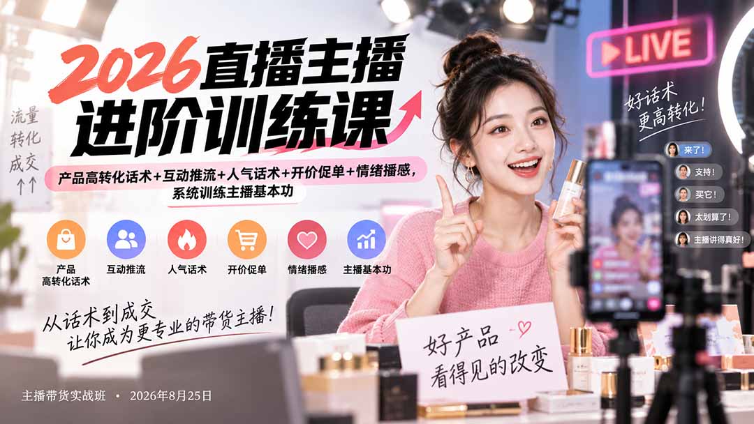 （20408期）2026直播主播进阶训练课：产品高转化话术+互动推流+人气话术+开价促单+情绪播感，系统训练主播基本功-我爱项目网