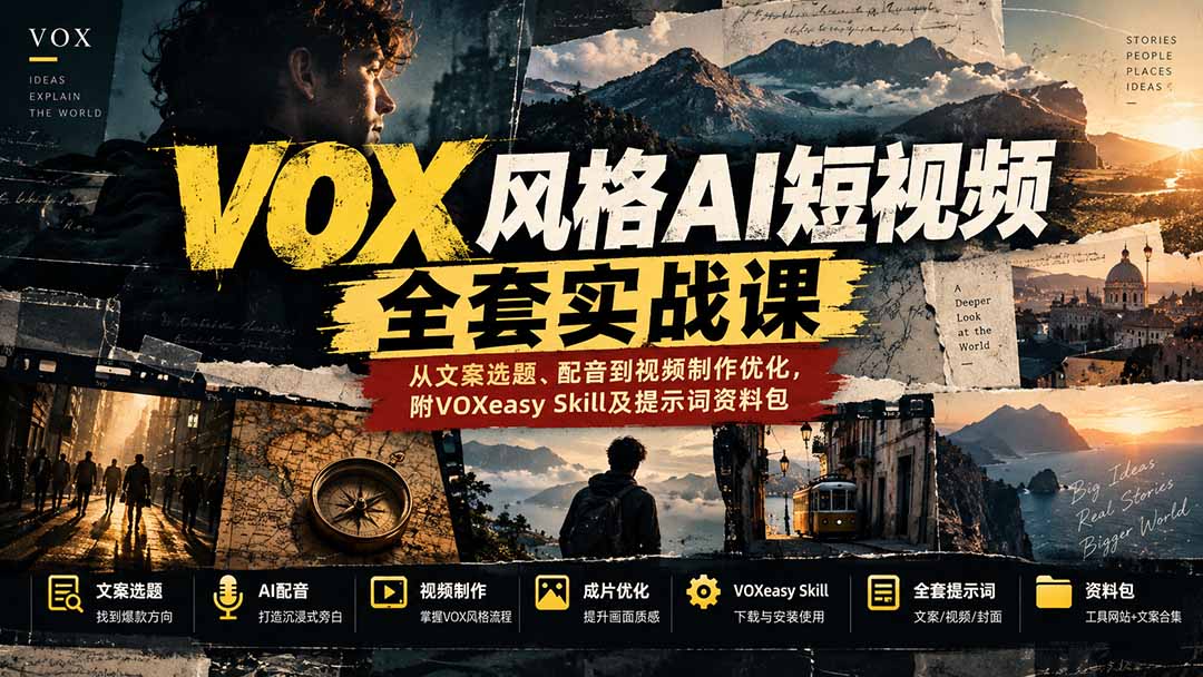 （20677期）【无水印】VOX风格AI短视频全套实战课：从文案选题、配音到视频制作优化，附VOXeasy Skill及提示词资料包-我爱项目网