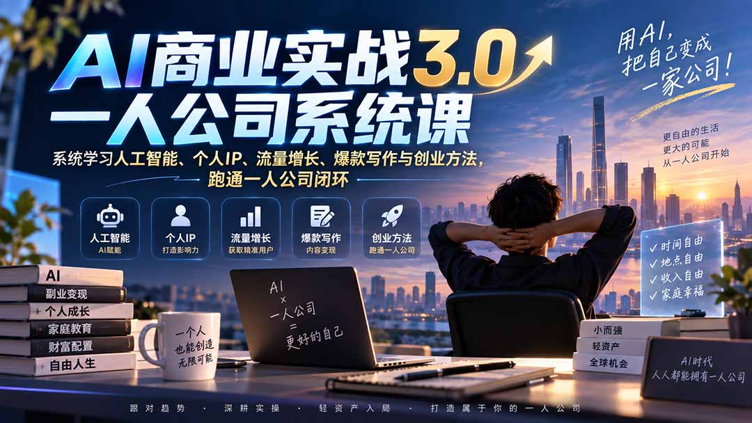 （20249期）AI商业实战3.0一人公司系统课：系统学习人工智能、个人IP、流量增长、爆款写作与创业方法，跑通一人公司闭环-我爱项目网