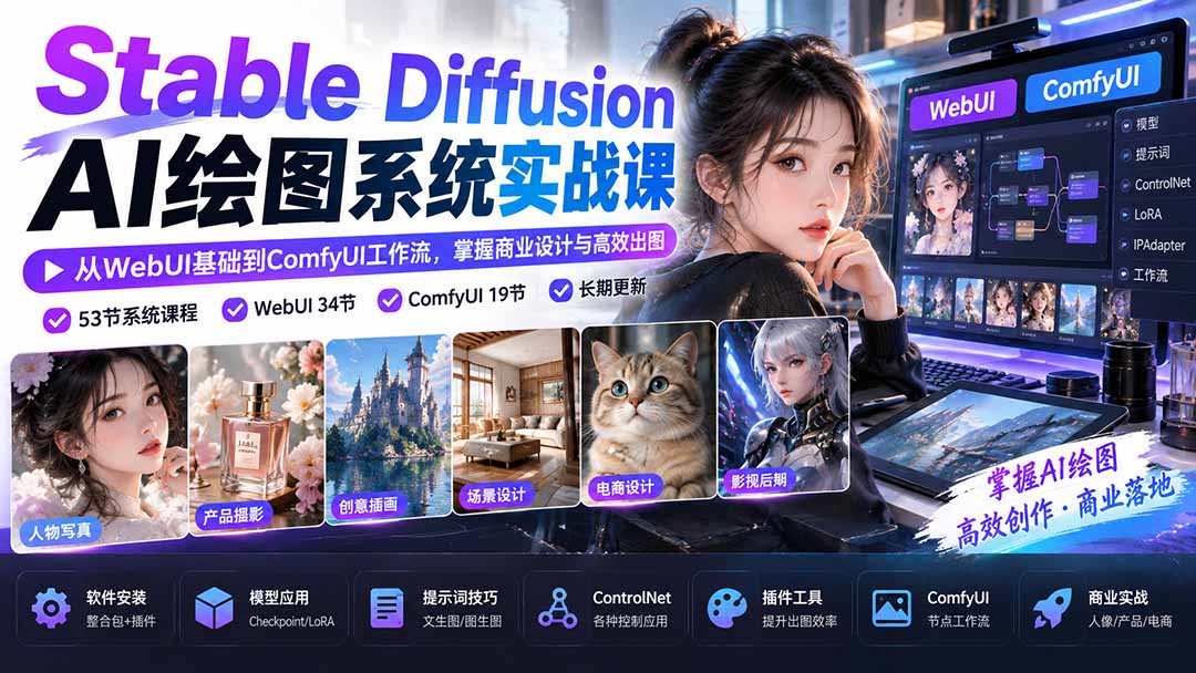 （20678期）Stable Diffusion AI绘图系统实战课：从WebUI基础到ComfyUI工作流，掌握商业设计与高效出图-我爱项目网