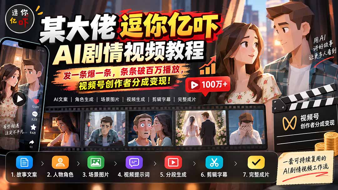 （20388期）某大佬逗你亿吓AI低模剧情视频制作教程：发一条爆一条，条条破百万播放，利用视频号创作者分成变现!-我爱项目网