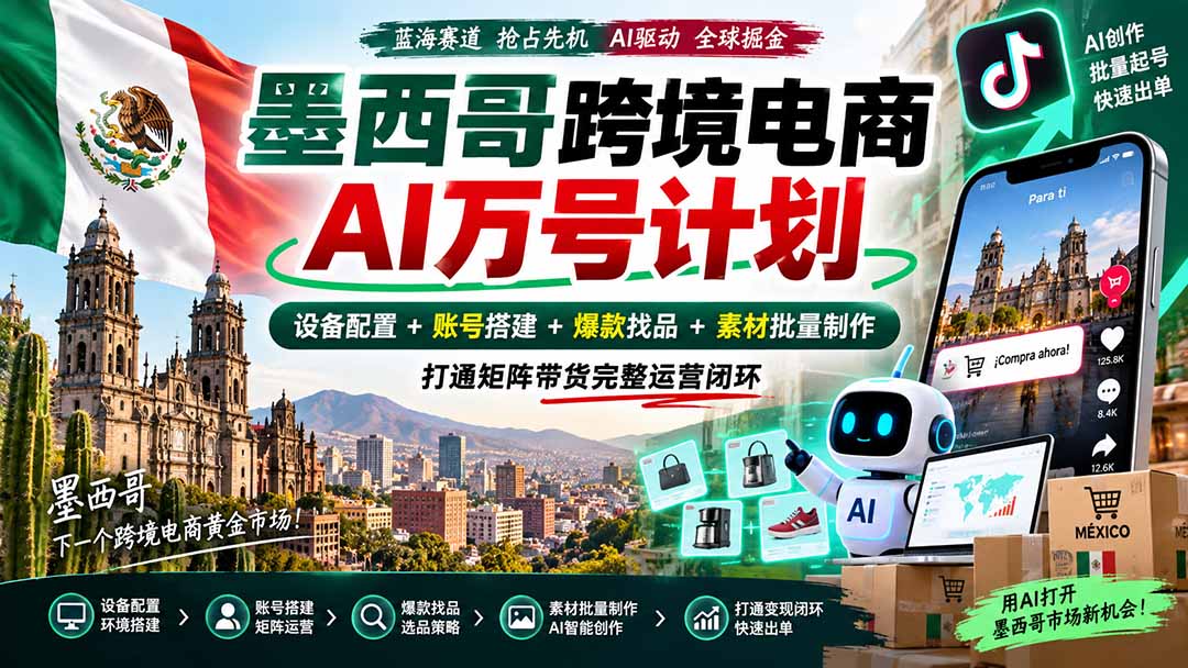 （20500期）墨西哥AI跨境电商万号计划｜设备配置+账号搭建+爆款找品+素材批量制作，打通矩阵带货完整运营闭环-我爱项目网