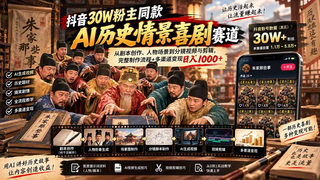 (20613期)抖音30W粉博主同款AI历史情景喜剧赛道:从剧本创作、人物场景到分镜视频与剪辑,完整制作流程+多渠道变现日入1000+-我爱项目网