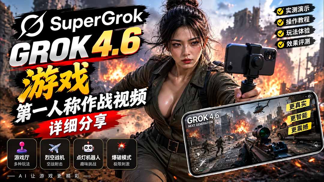 （20502期）Grok 4.6 也能做游戏？第一人称作战视频实测｜玩法详细讲解-我爱项目网