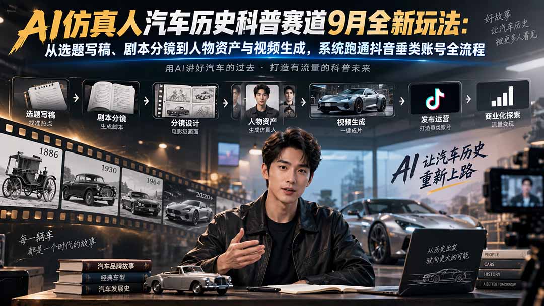 （20413期）AI仿真人汽车历史科普赛道9月全新玩法：从选题写稿、剧本分镜到人物资产与视频生成，系统跑通抖音垂类账号全流程-我爱项目网