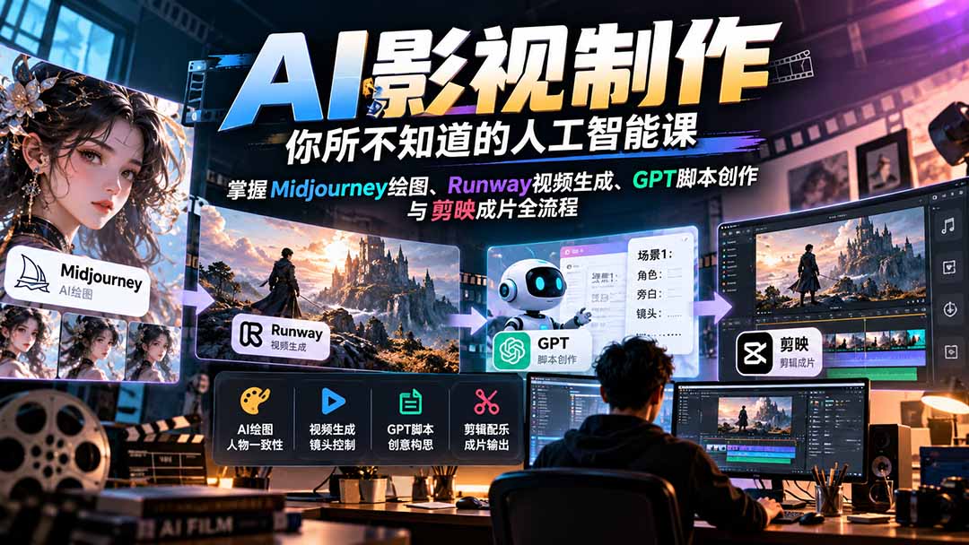 （20681期）AI影视制作-你所不知道的人工智能课，掌握Midjourney绘图、Runway视频生成、GPT脚本创作与剪映成片全流程-我爱项目网