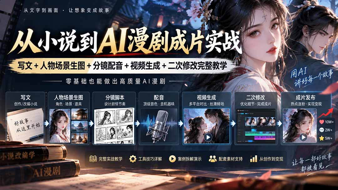 （20577期）从小说到AI漫剧成片实战：写文+人物场景生图+分镜配音+视频生成+二次修改完整教学-我爱项目网
