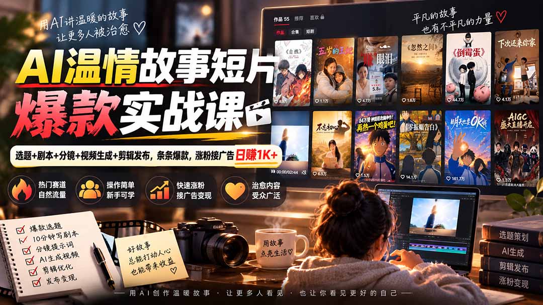 （20477期）AI温情故事短片爆款实战课-更新｜选题+剧本+分镜+视频生成+剪辑发布，条条爆款，涨粉接广告日赚1K+-我爱项目网