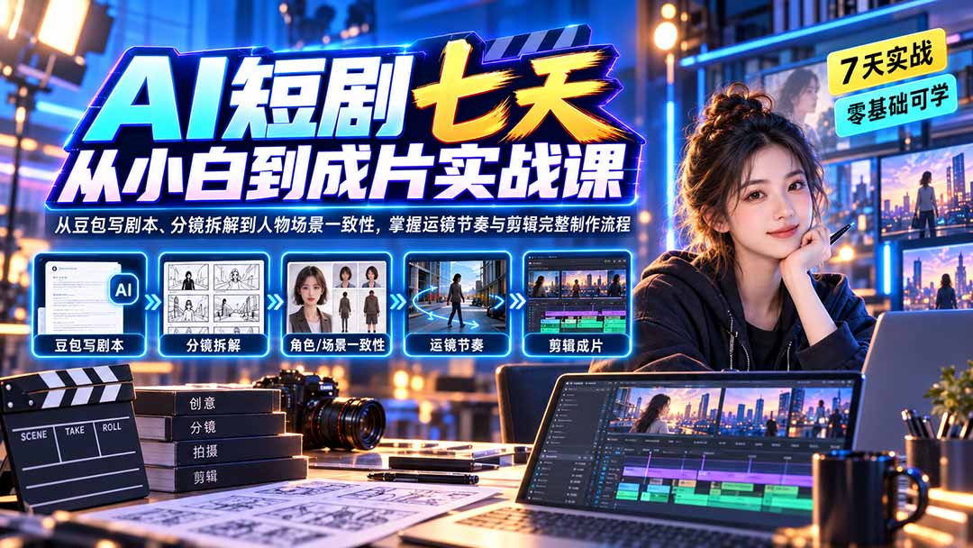 （20329期）AI短剧七天从小白到成片实战课：从豆包写剧本、分镜拆解到人物场景一致性，掌握运镜节奏与剪辑完整制作流程-我爱项目网