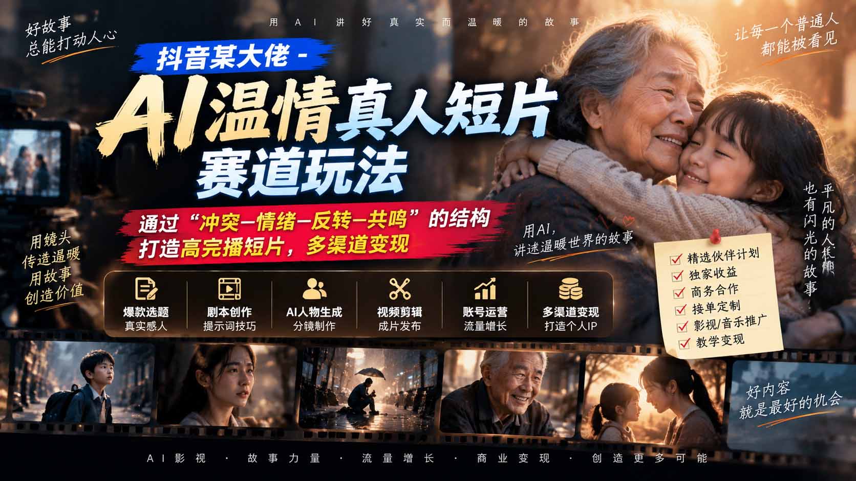 （20538期）抖音某大佬-AI温情真人短片赛道玩法：通过“冲突—情绪—反转—共鸣”的结构打造高完播短片，多渠道变现-我爱项目网