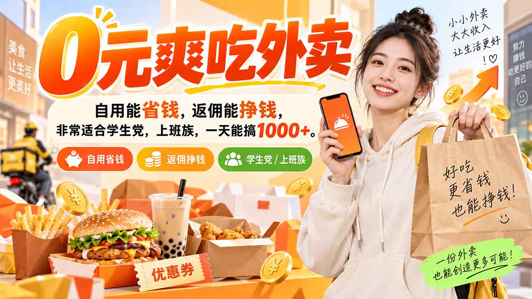 （20309期）0元爽吃外卖，自用能省钱，返佣能挣钱，非常适合学生党，上班族，一天能搞1000+-我爱项目网
