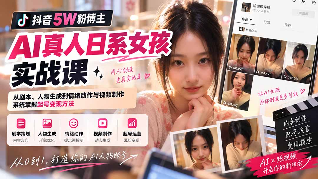 （20387期）抖音5W粉博主AI真人日系女孩实战课：从剧本、人物生成到情绪动作与视频制作，系统掌握起号变现方法-我爱项目网