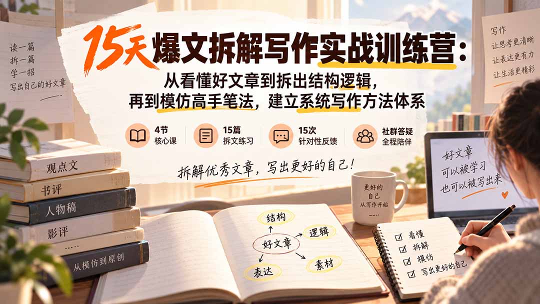 （20271期）15天爆文拆解写作实战训练营：从看懂好文章到拆出结构逻辑，再到模仿高手笔法，建立系统写作方法体系-我爱项目网