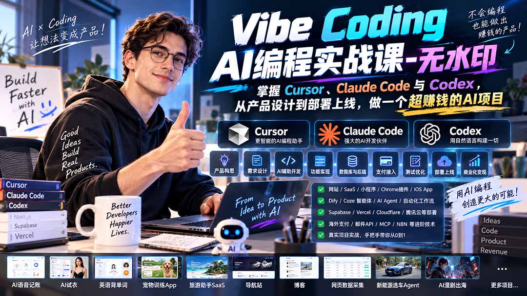 （20431期）Vibe Coding AI编程实战课-无水印：掌握Cursor、Claude Code与Codex，从产品设计到部署上线，做一个超赚钱的AI项目-我爱项目网
