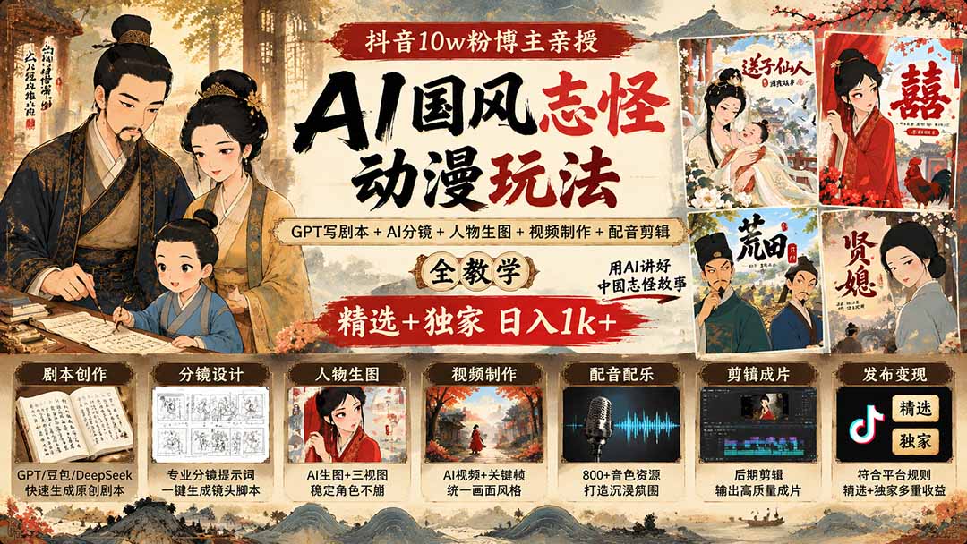 （20538期）抖音10w粉博主亲授AI国风志怪动漫玩法｜GPT写剧本+AI分镜+人物生图+视频制作+配音剪辑全教学｜精选+独家日入1k+-我爱项目网