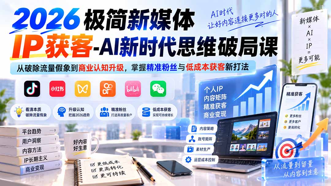 （20272期）2026极简新媒体IP获客-AI新时代思维破局课：从破除流量假象到商业认知升级，掌握精准粉丝与低成本获客新打法-我爱项目网
