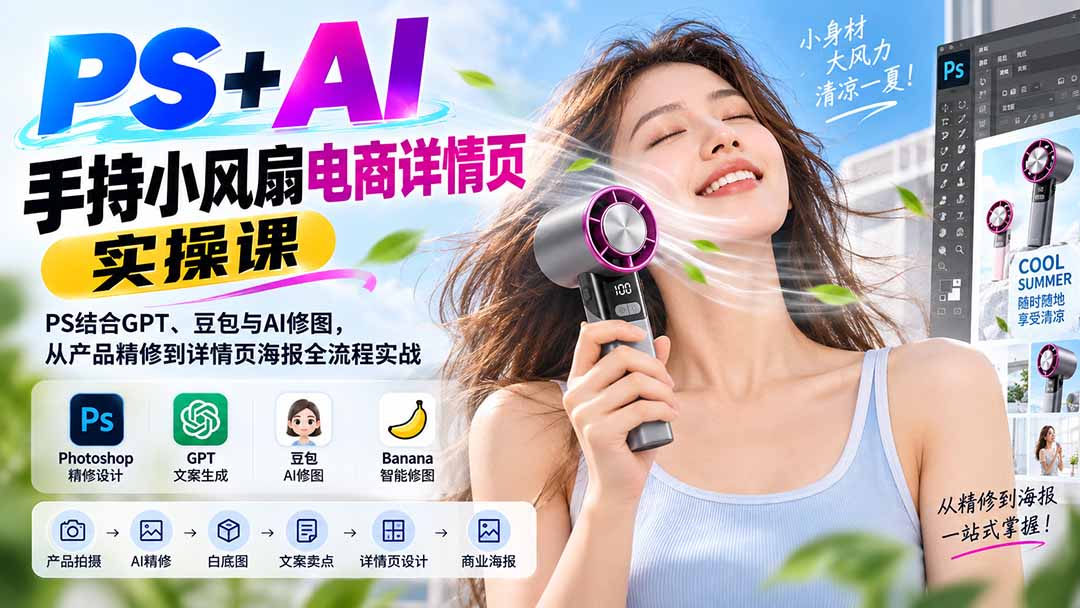 （20273期）PS+AI手持小风扇电商详情页实操课：PS结合GPT、豆包与AI修图，从产品精修到详情页海报全流程实战-我爱项目网