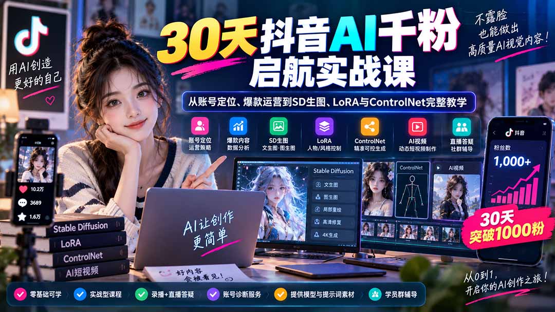 （20291期）30天抖音AI千粉启航实战课：从账号定位、爆款运营到SD生图、LoRA与ControlNet完整教学-我爱项目网