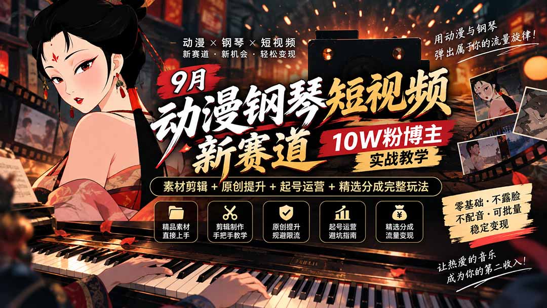 （20506期）9月动漫钢琴短视频新赛道｜10W粉博主实战教学，素材剪辑+原创提升+起号运营+精选分成完整玩法-我爱项目网