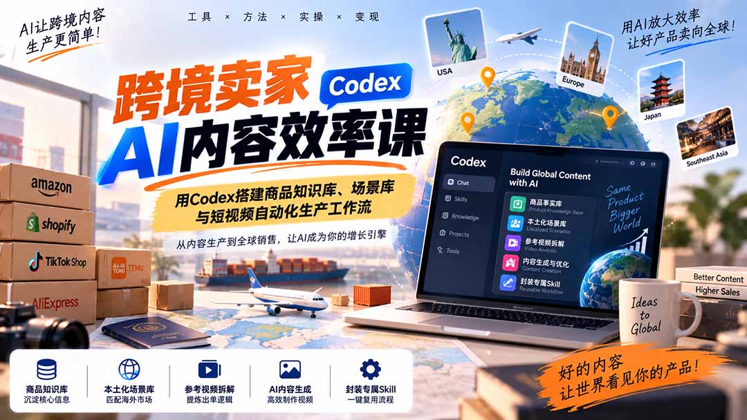 （20595期）跨境卖家AI内容效率课：用Codex搭建商品知识库、场景库与短视频自动化生产工作流-我爱项目网