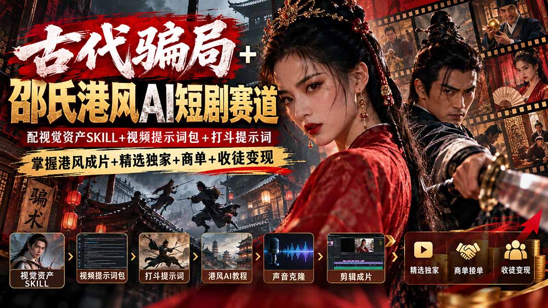 （20684期）古代骗局+邵氏港风AI短剧赛道：配视觉资产SKILL+视频提示词包+打斗提示词，掌握港风成片+精选独家+商单+收徒变现-我爱项目网