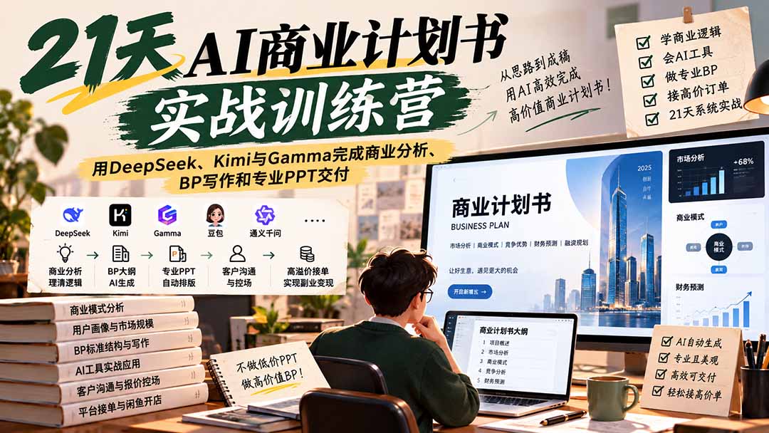 (20637期)【无水印】21天AI商业计划书实战训练营:用DeepSeek、Kimi与Gamma完成商业分析、BP写作和专业PPT交付-我爱项目网