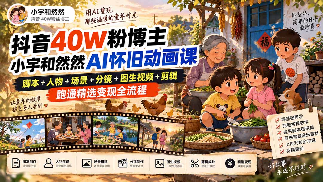 （20549期）抖音40W粉博主小宇和然然AI怀旧动画课｜脚本+人物+场景+分镜+图生视频+剪辑，跑通精选变现全流程-我爱项目网