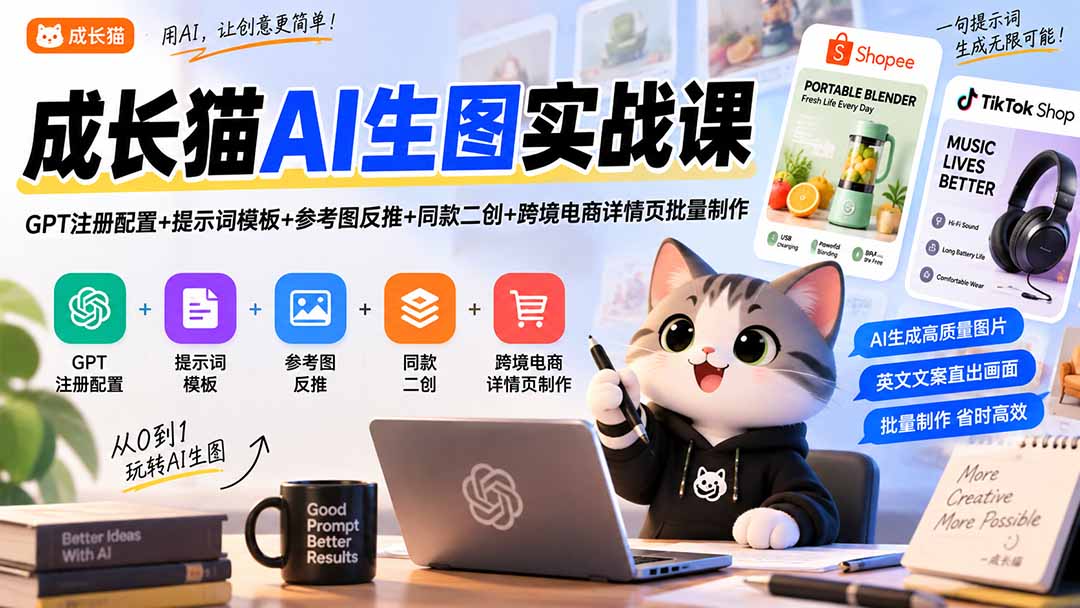 （20482期）成长猫AI生图实战课｜GPT注册配置+提示词模板+参考图反推+同款二创+跨境电商详情页批量制作-我爱项目网